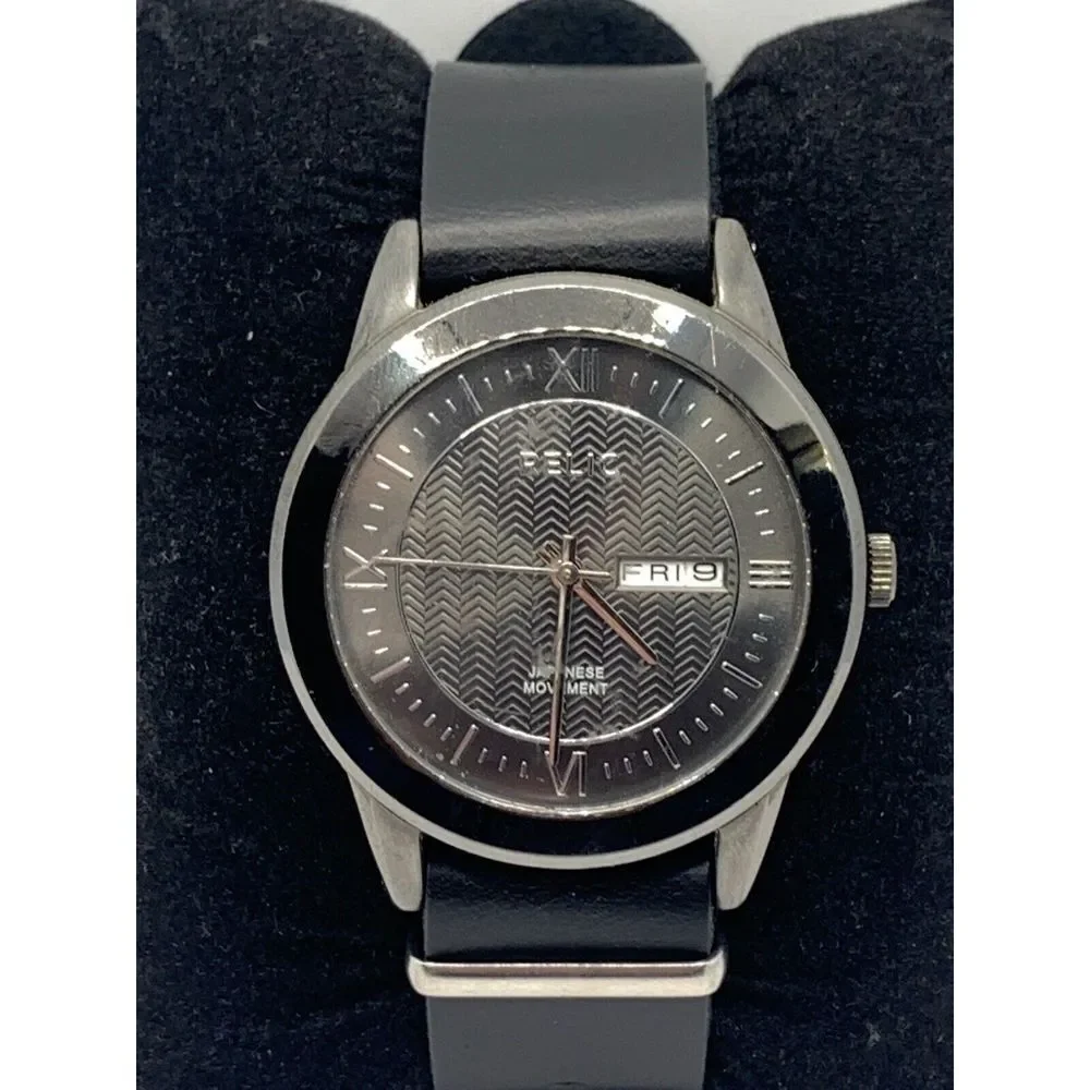 Relic ZR12053 Men's Black Leather Analog Gray Dial Quartz Genuine Watch JD364